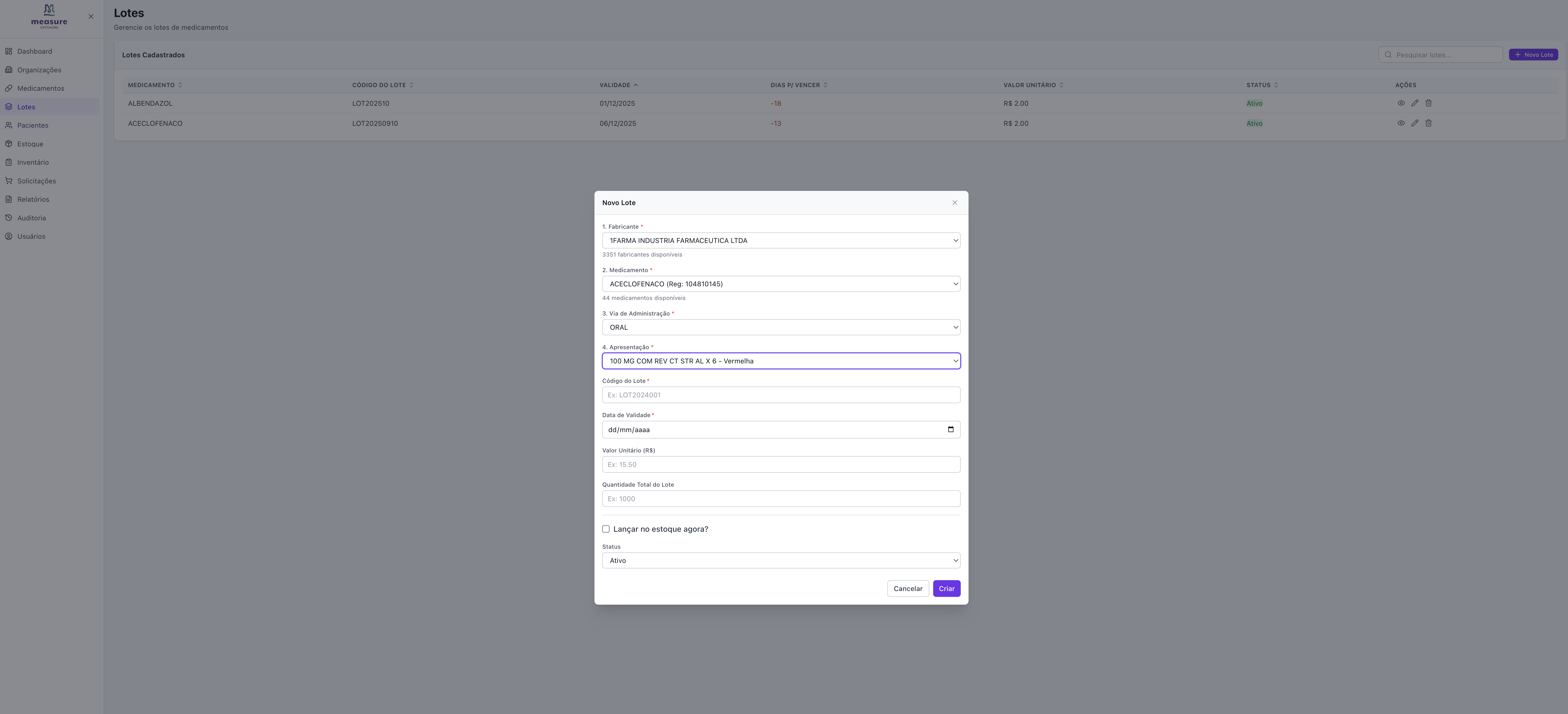Modal Entrada de Lote